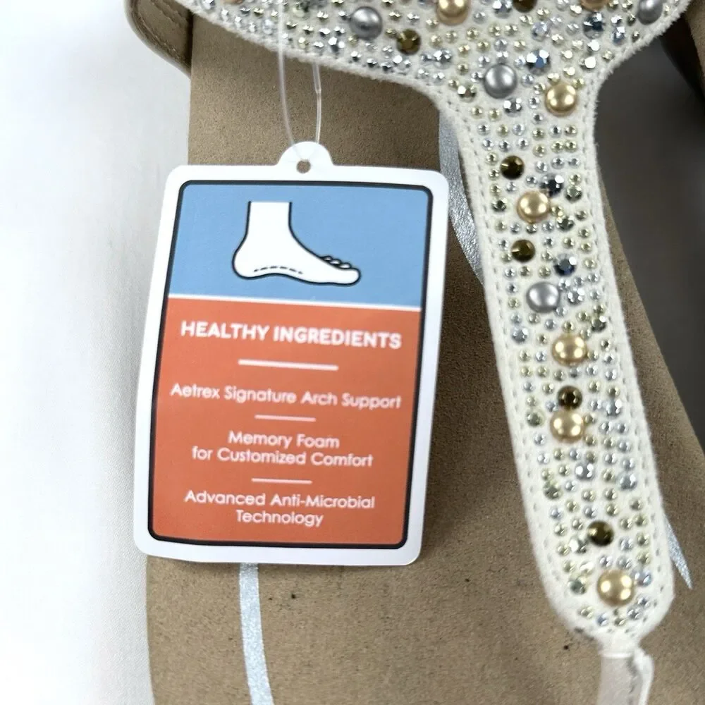 Aetrex Lindsey Beaded Thong Sandals Size 9 9.5 EU 40 Cream Arch Support